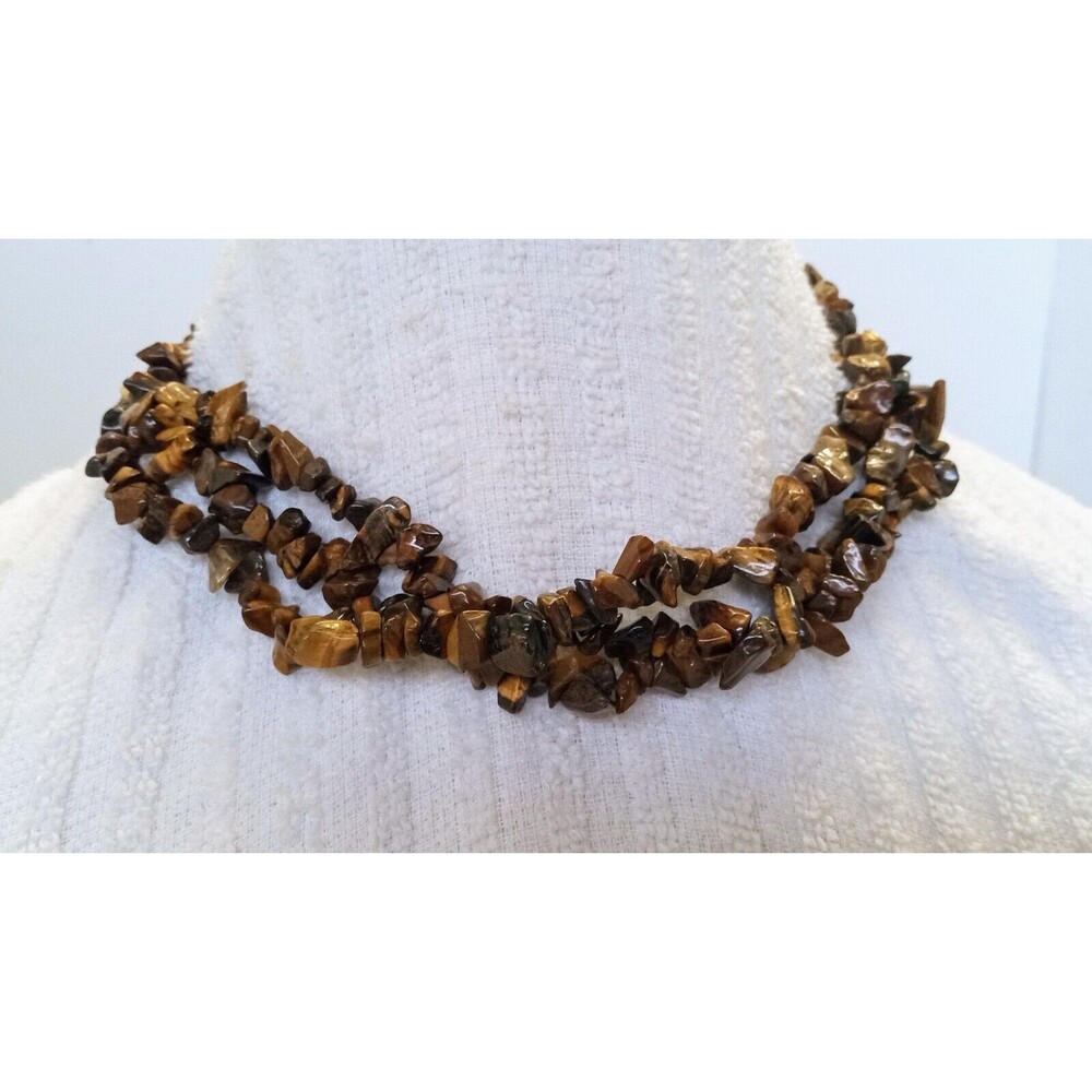 Triple Strand Genuine Tiger's Eye Gemstone Chip Necklace 15-18 in